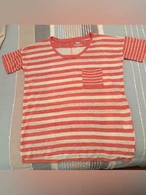 Old Navy Coral and Cream Striped Short Sleeve Pocket Tee - Kids